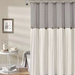 Lush Decor Linen Button Shower Curtain Gray White 72x72 Cotton Blend Pleated